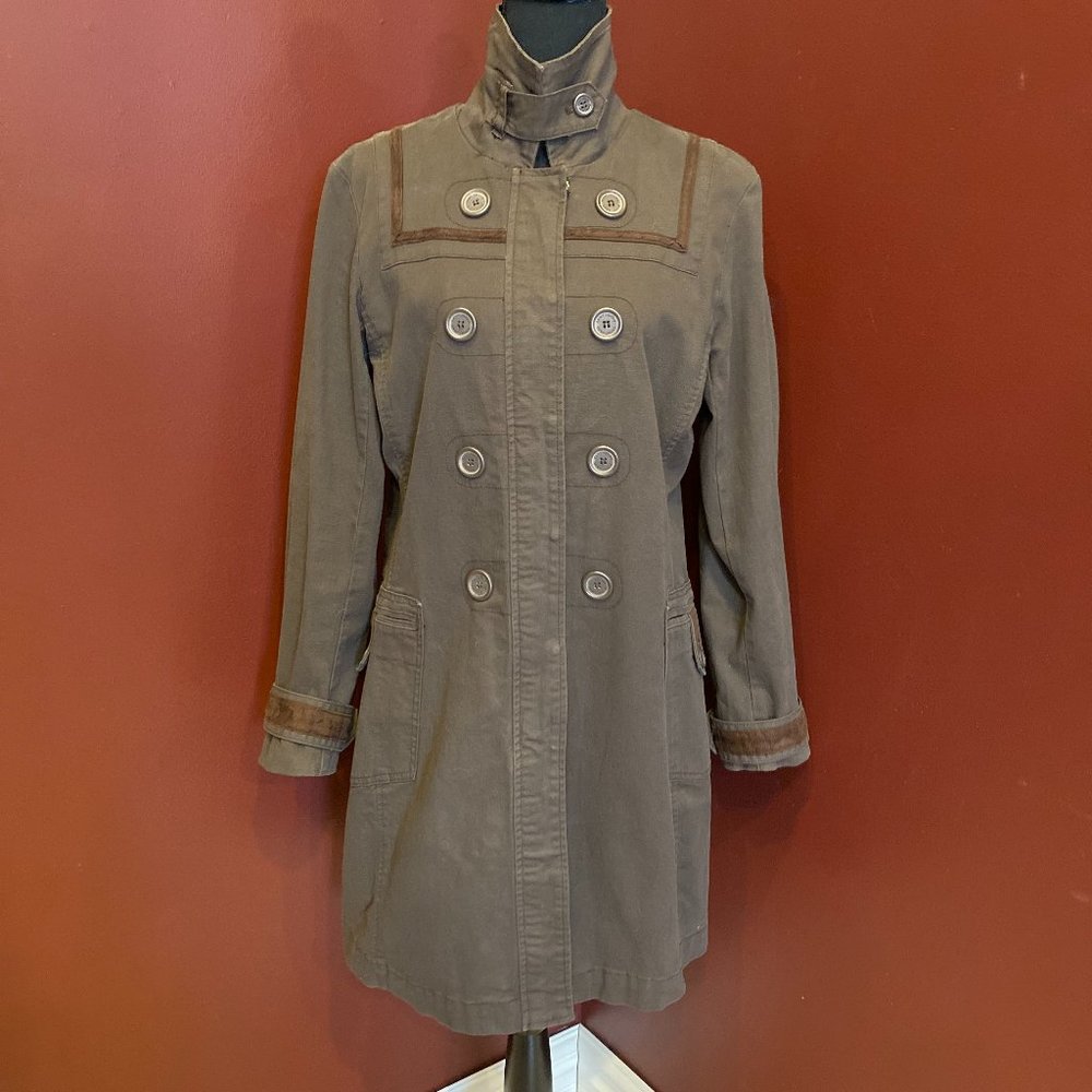 DKNY Jeans Distressed Brown Trench Style Coat with Suede Like Trim L